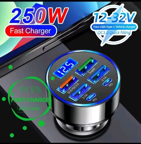 66-250W PD Car Charger QC3.0 Fast Charge One to Six Car Cigarette Lighter Plug Car Charger
