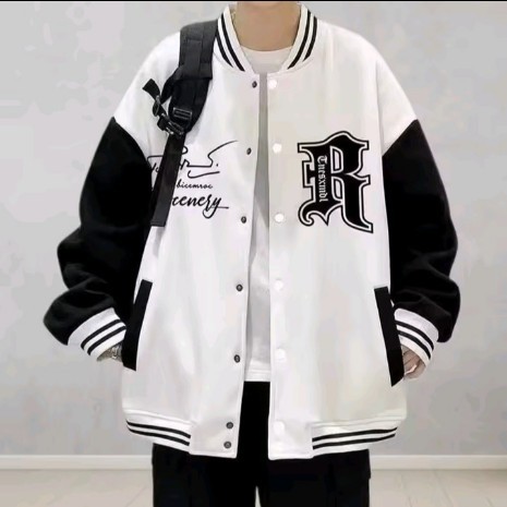 College Style Men Bomber Jacket Letter Print Stand Collar Casual Street Loose Patchwork Team Jacket