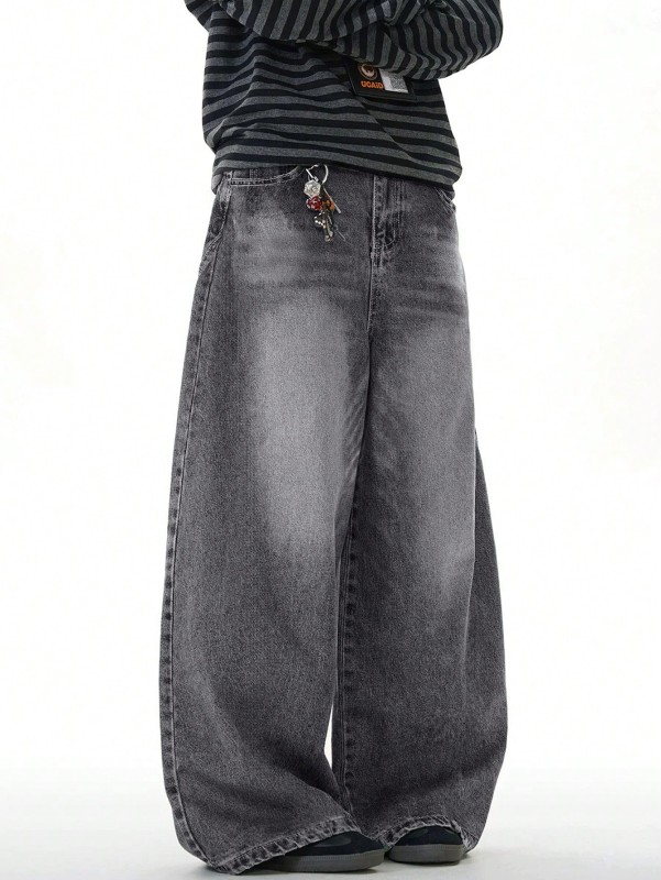 1pc Justice Brother Vintage Washed Loose Fit Wide Leg Jeans, Casual & Couple Style (Distressed Hem)